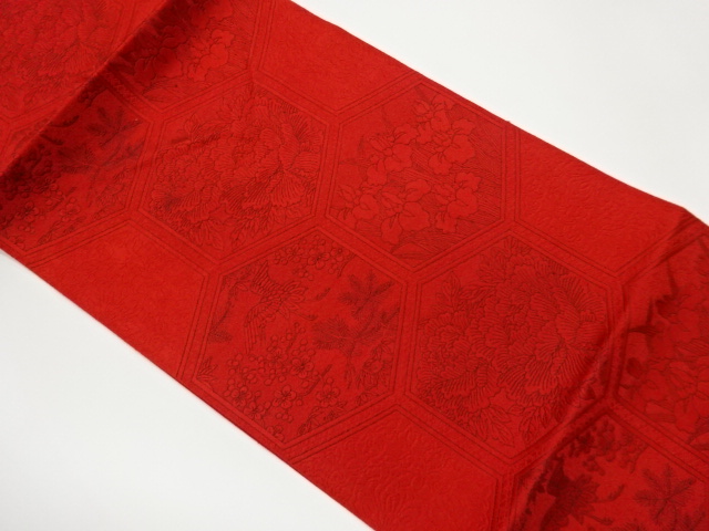 本場筑前博多亀甲に鶴・松竹梅・花々模様織出し名古屋帯